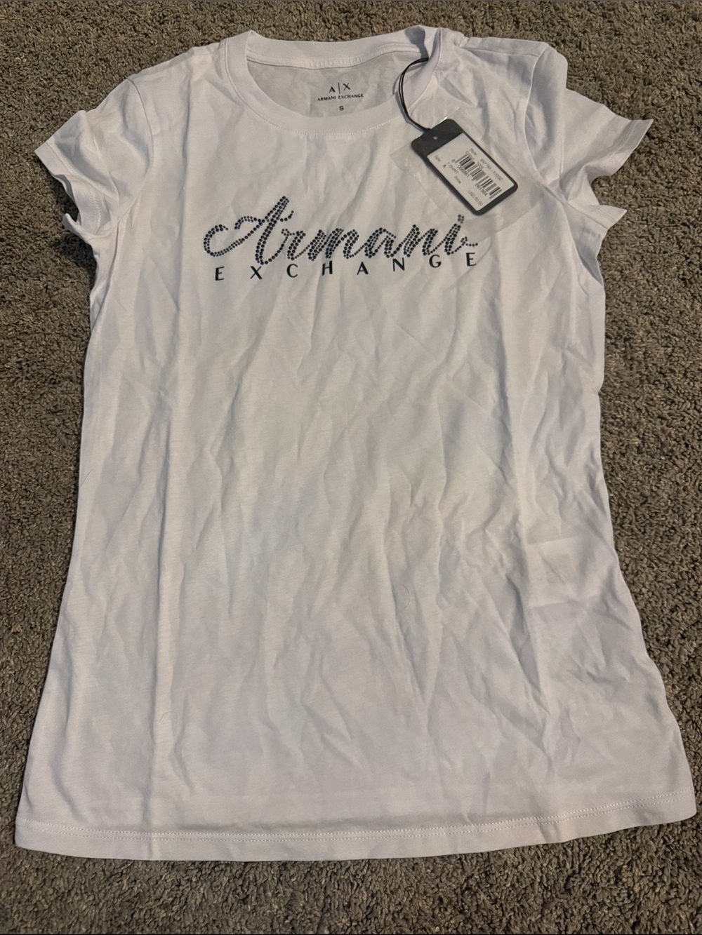 Armani Exchange White Short Sleeve Logo Tee with Rhinestone Script